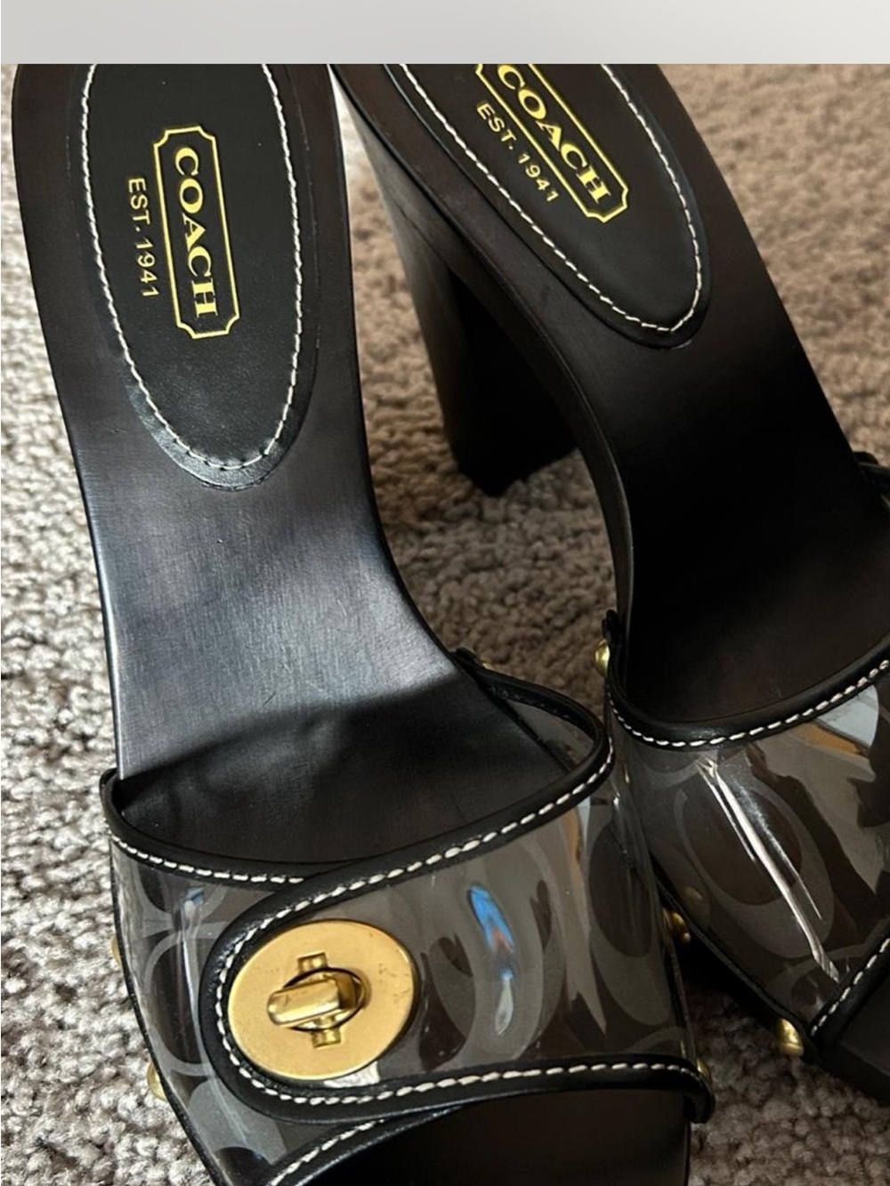 Coach Black Slide Mules with Gold-Tone Signature Accent - Picture 2 of 6